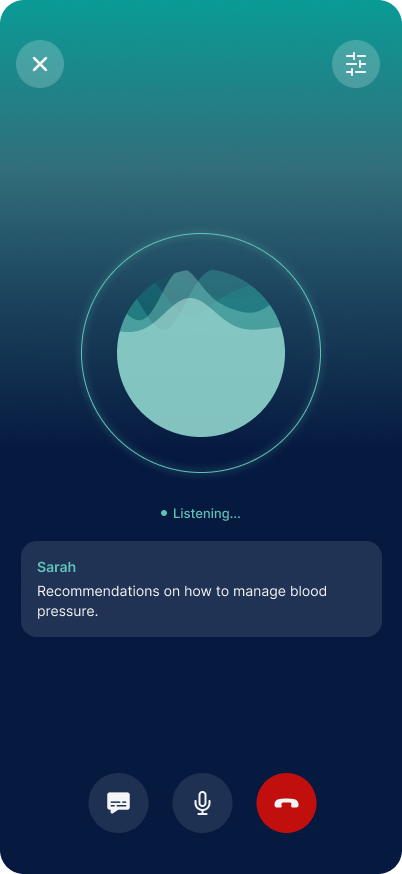 WellUnda voice mode with waveform, listening status, and live caption