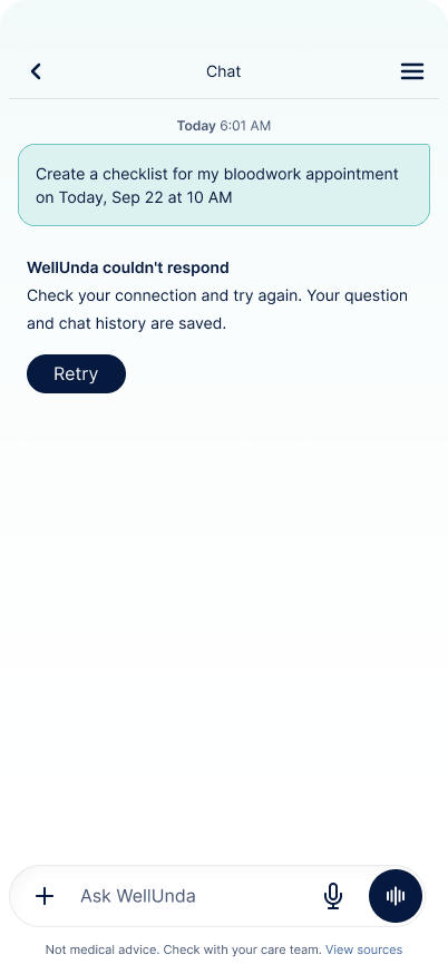 Chat error state with saved question and retry action