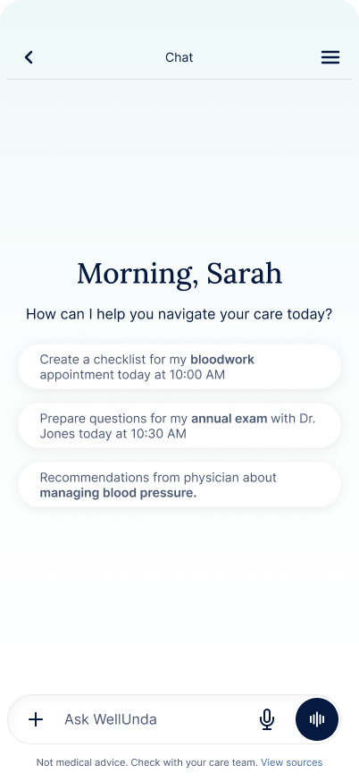 WellUnda chat welcome screen with appointment-specific suggested prompts