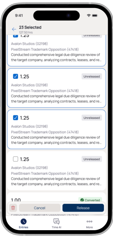 Redesigned timekeeping screen with multiple entries selected for a bulk release action