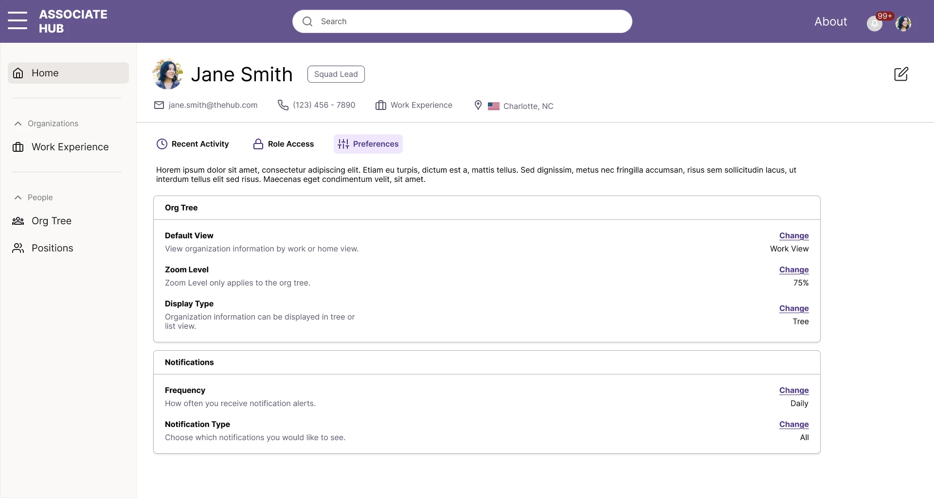 Associate Hub profile home page showing employee details, recent activity tabs, and preference cards
