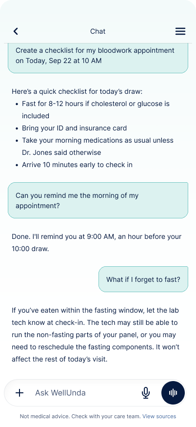 WellUnda chat showing a complete conversation about preparing for a bloodwork appointment