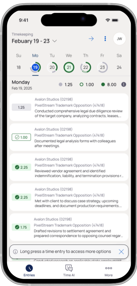 Redesigned timekeeping screen showing guidance for accessing more options with a long press