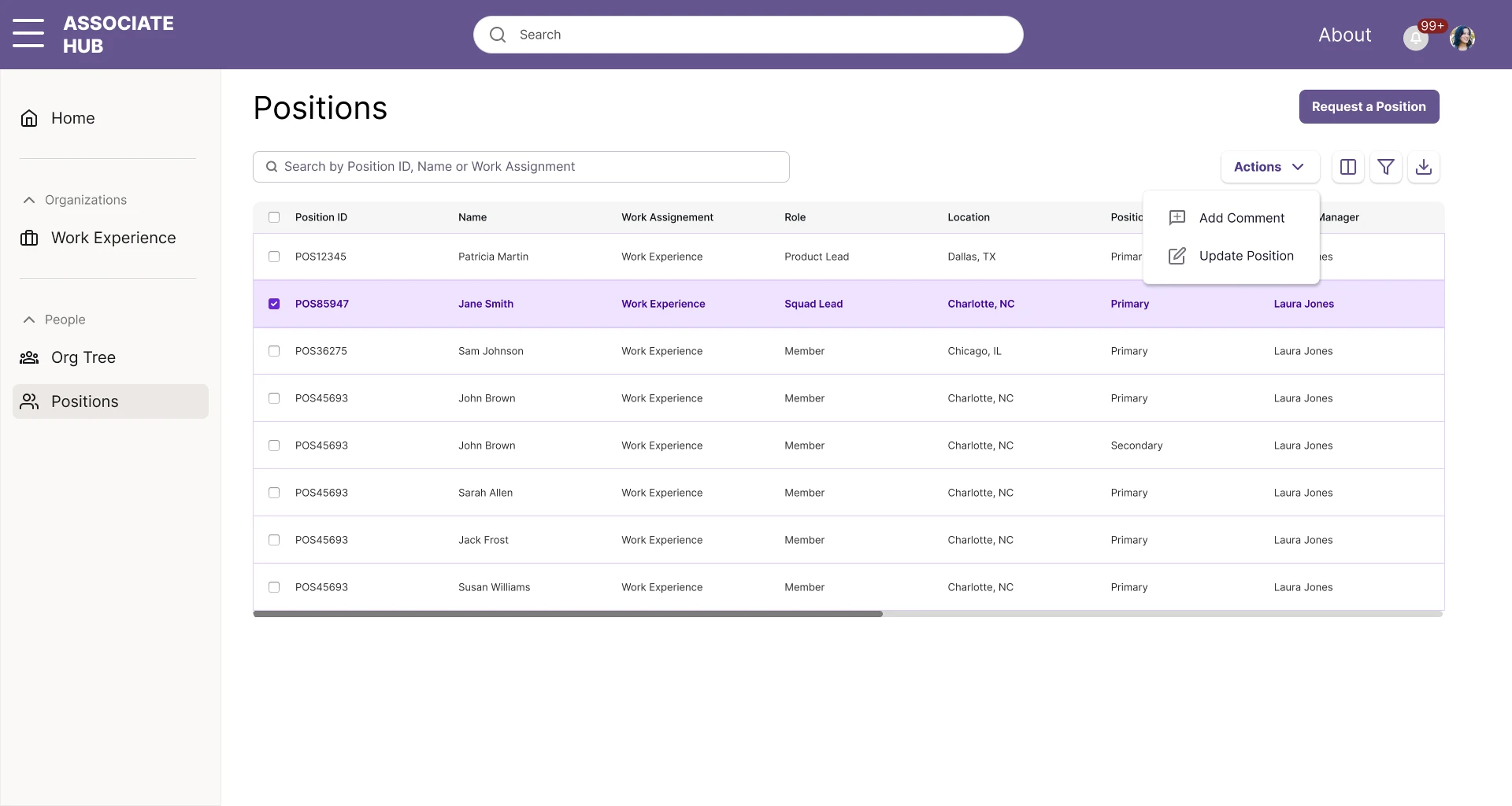 Associate Hub positions page with a selected row and an open actions menu for adding comments and updating the position
