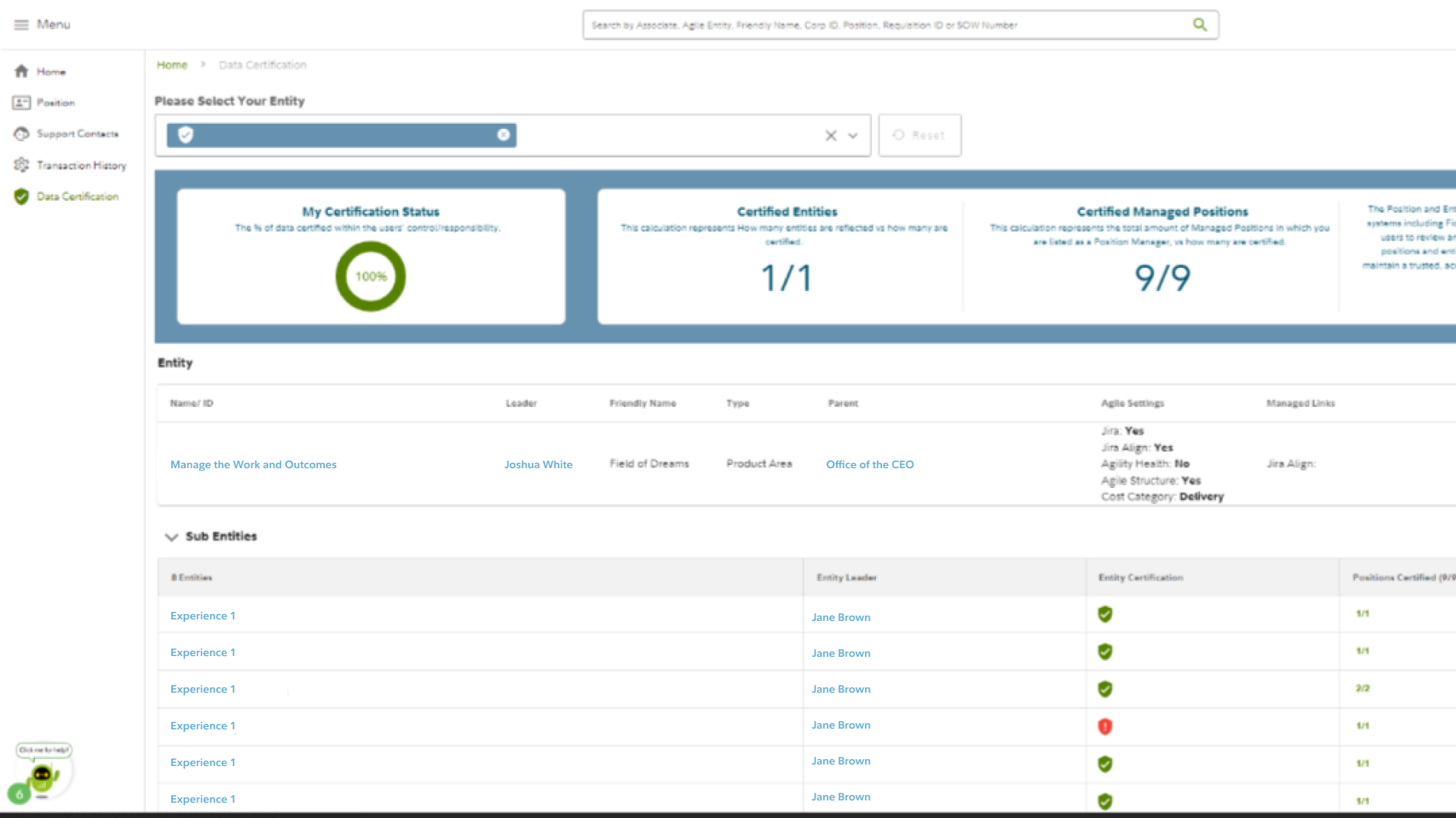 Original Data Certification page showing a dense table with certification status, entities, and sub-entities