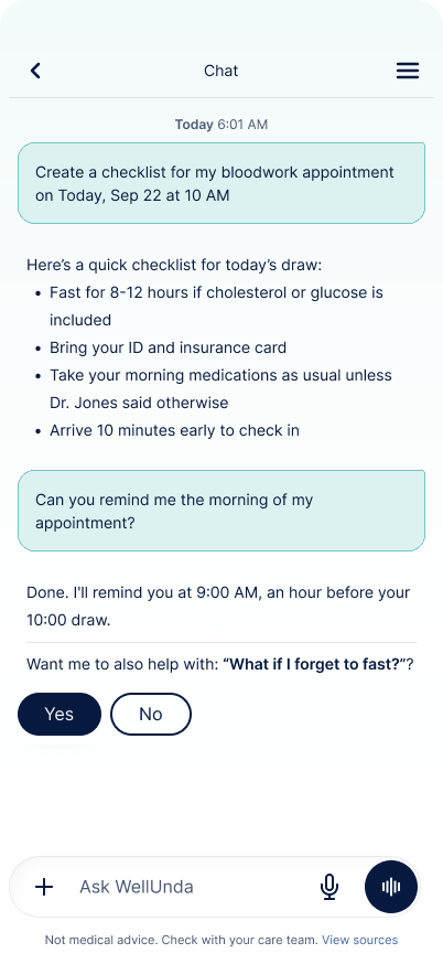 WellUnda chat offering a suggested follow-up question with yes and no options