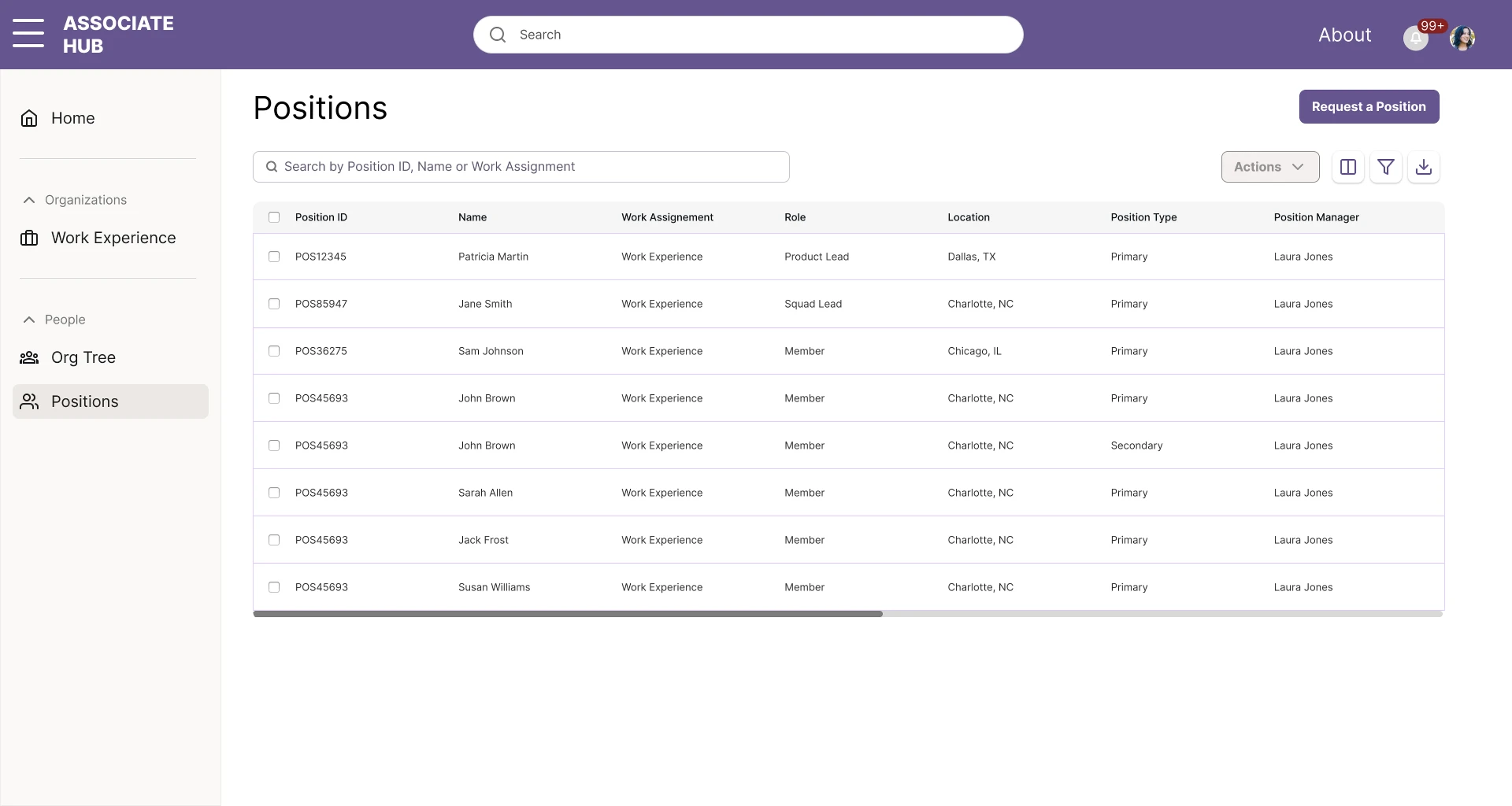 Associate Hub positions page showing a searchable table of position IDs, names, work assignments, roles, locations, and managers