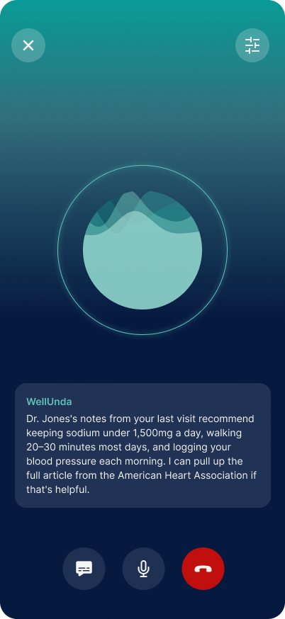 WellUnda voice mode displaying a response about blood pressure recommendations