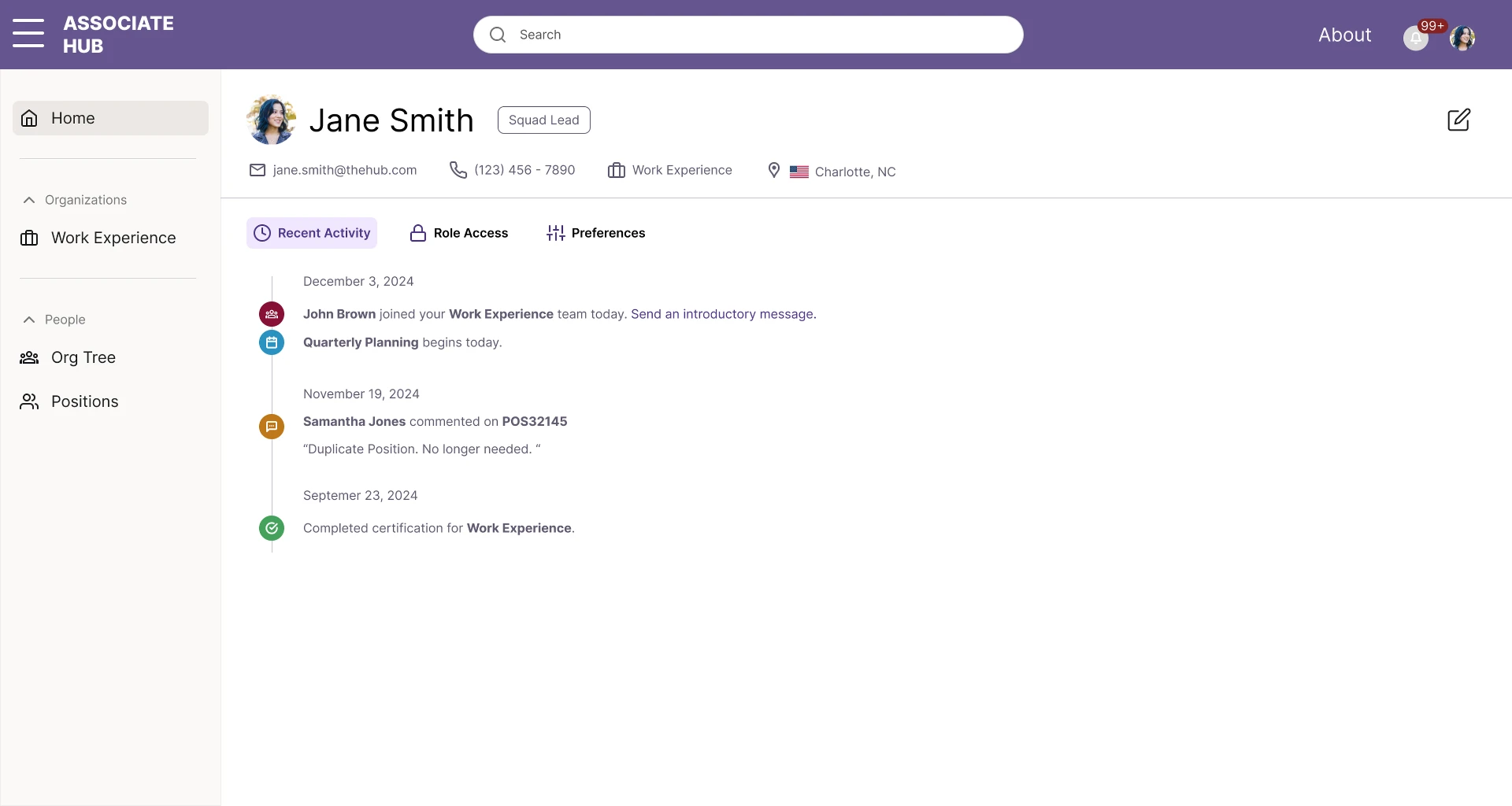Associate Hub recent activity tab showing team updates, quarterly planning, comments on positions, and completed certifications