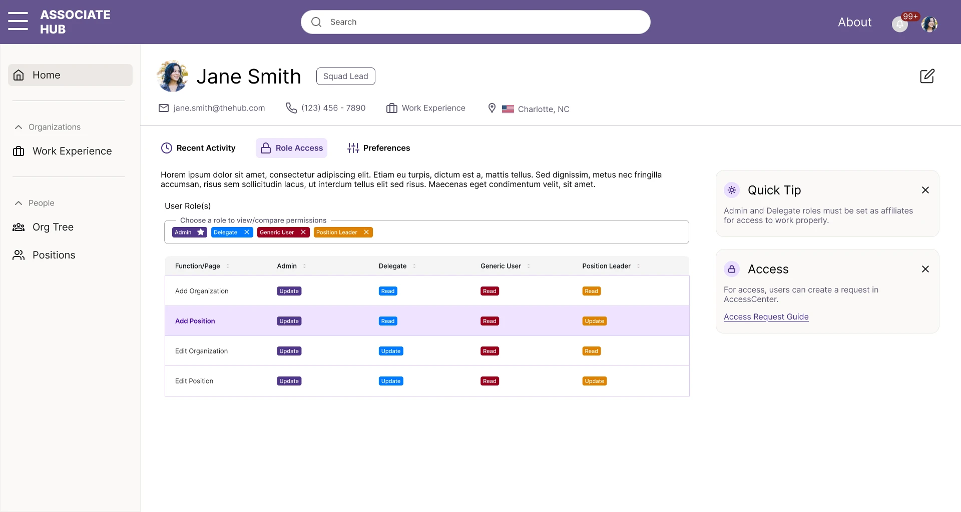 Associate Hub role access tab showing user roles and a permissions matrix for organization and position actions